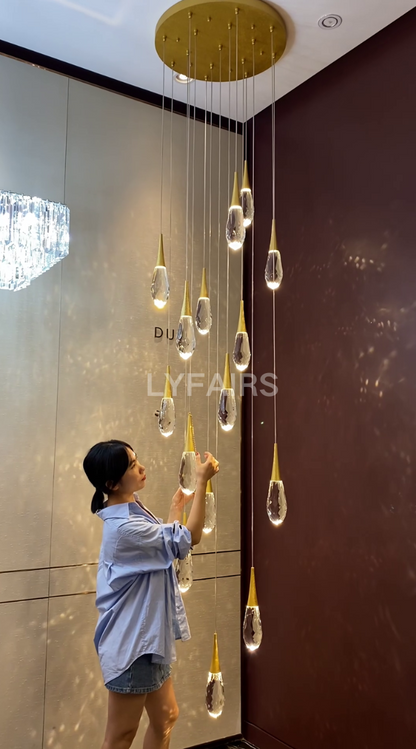 Modern Exquisite Floating Crystal Waterdrop Chandelier with Gold Leaf Gilding for High-ceiling