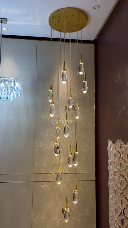 Modern Exquisite Floating Crystal Waterdrop Chandelier with Gold Leaf Gilding for High-ceiling