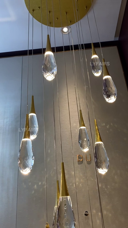 Modern Exquisite Floating Crystal Waterdrop Chandelier with Gold Leaf Gilding for High-ceiling