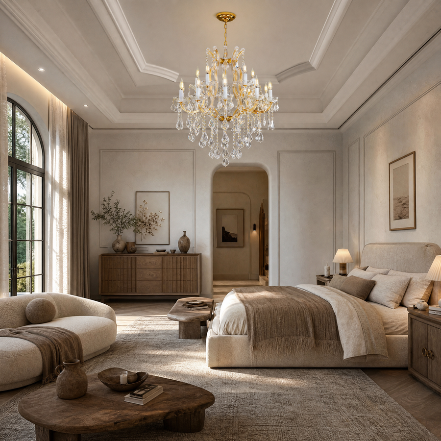 Maria Theresa Gold Chandelier in a living room