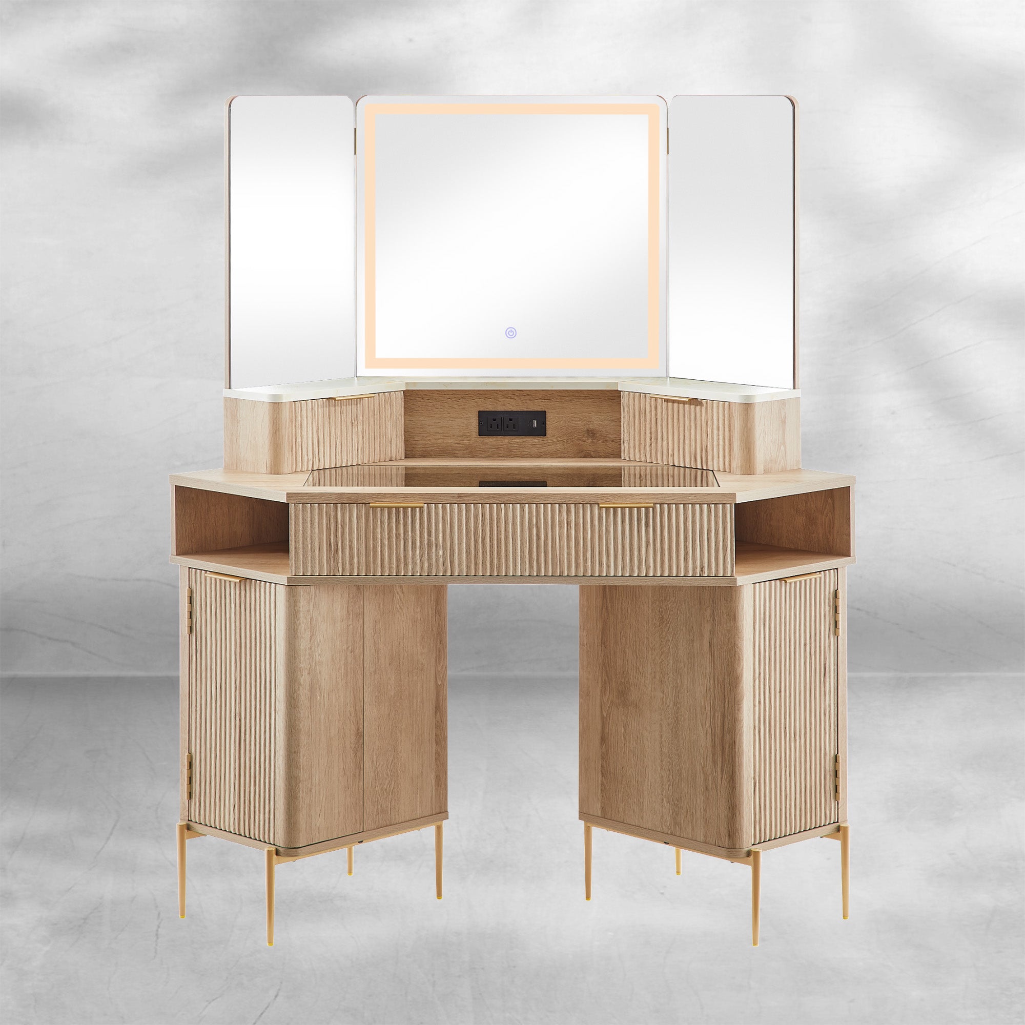 Fluted Corner Vanity Desk 48" with Lighted Mirror and Charging Outlet