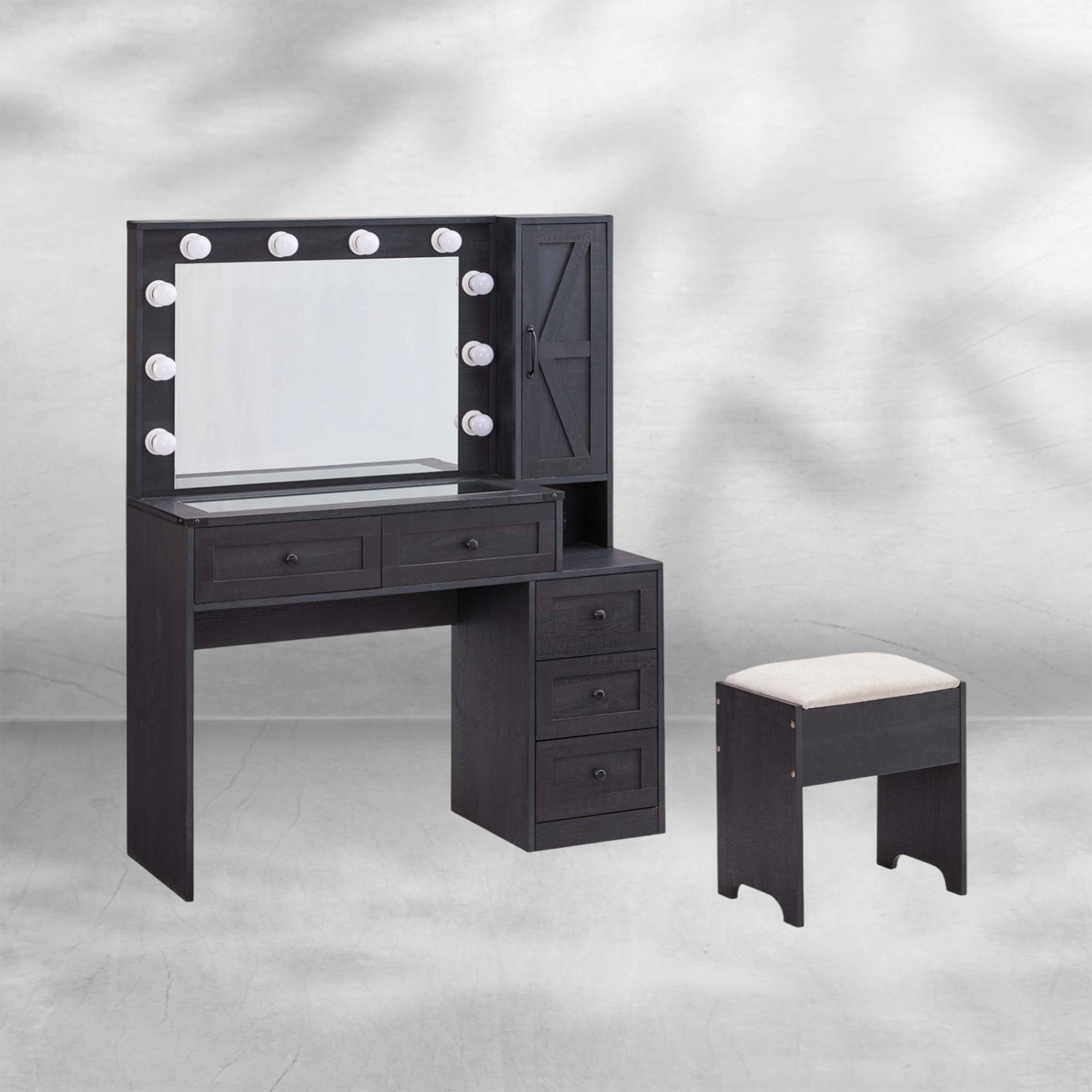 Fluted Corner Vanity Desk 48" with Lighted Mirror and Charging Outlet