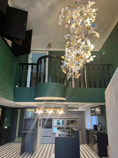 Extra Large Ceramics Ginkgo Leaves Twig Chandelier for High Ceiling Living Room/Hotel Hall