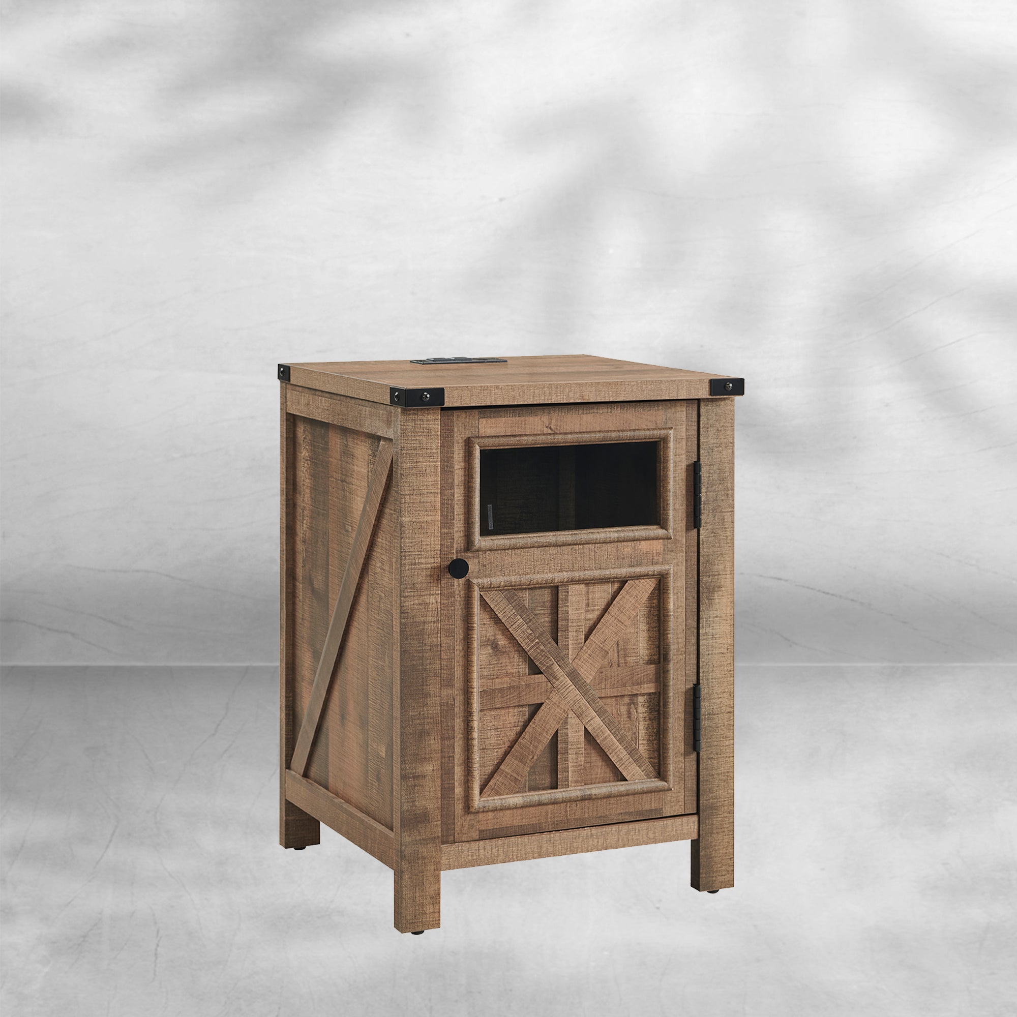 Farmhouse End Table 18" with 3-Tier Storage Charging Station Rustic Barn Door Nightstand
