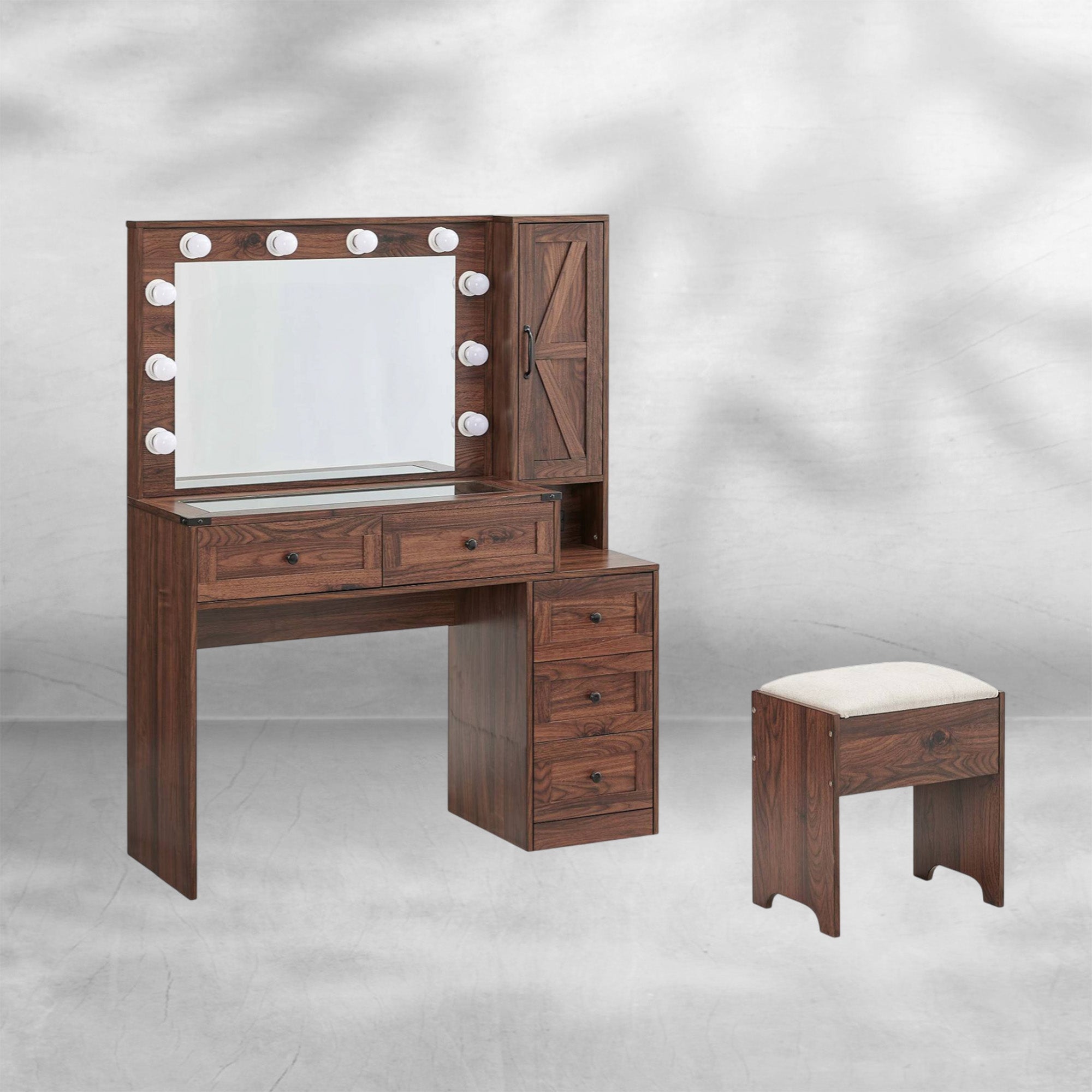 Farmhouse Style Vanity Makeup Desk 43" with Lighted Mirror & Charging