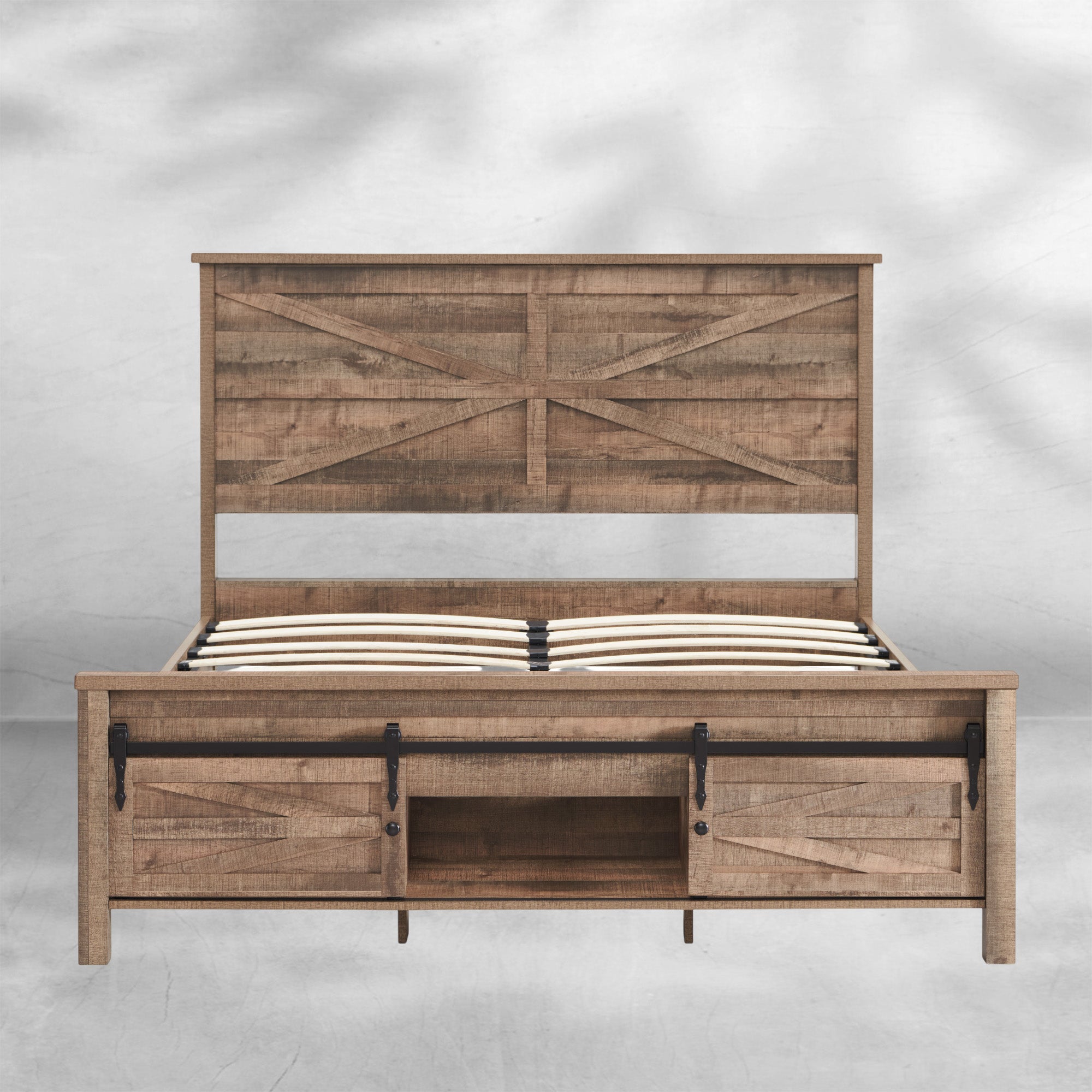 JXQTLINGMU Queen Size Farmhouse Wood Bed Frame 64" with Barn Door Cabinets