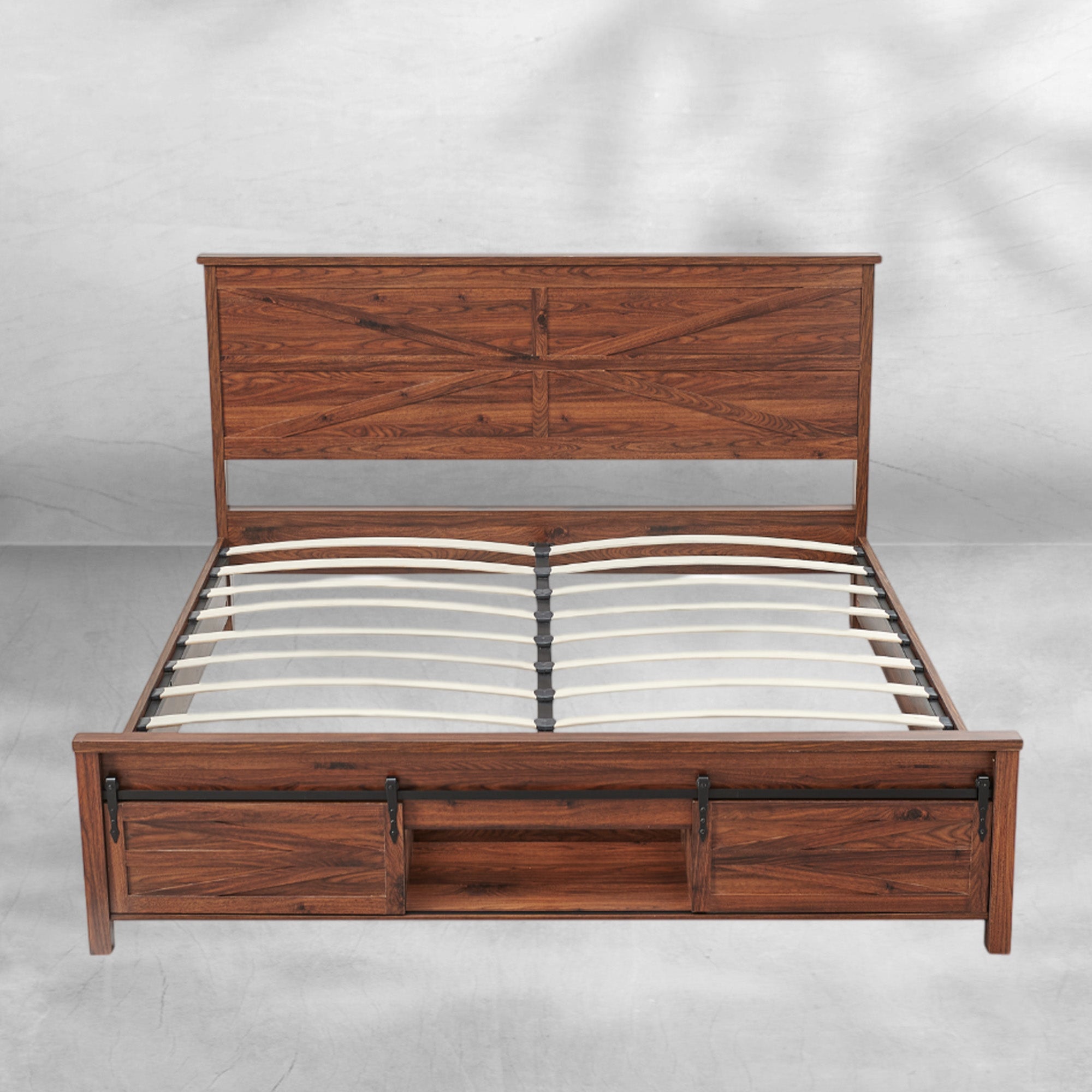 JXQTLINGMU Full Size Farmhouse Wood Bed Frame 58" with Barn Door Cabinets