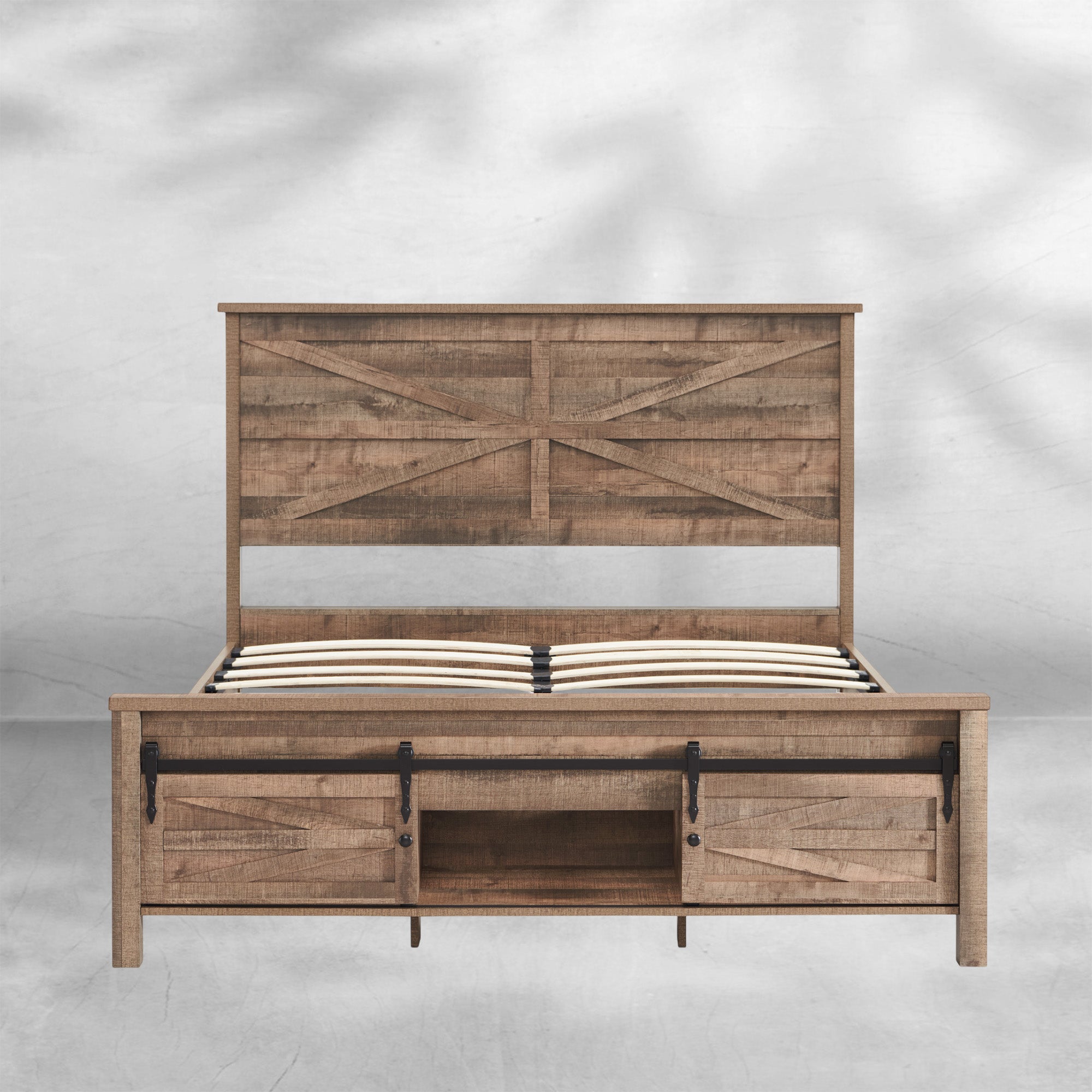 JXQTLINGMU Full Size Farmhouse Wood Bed Frame 58" with Barn Door Cabinets