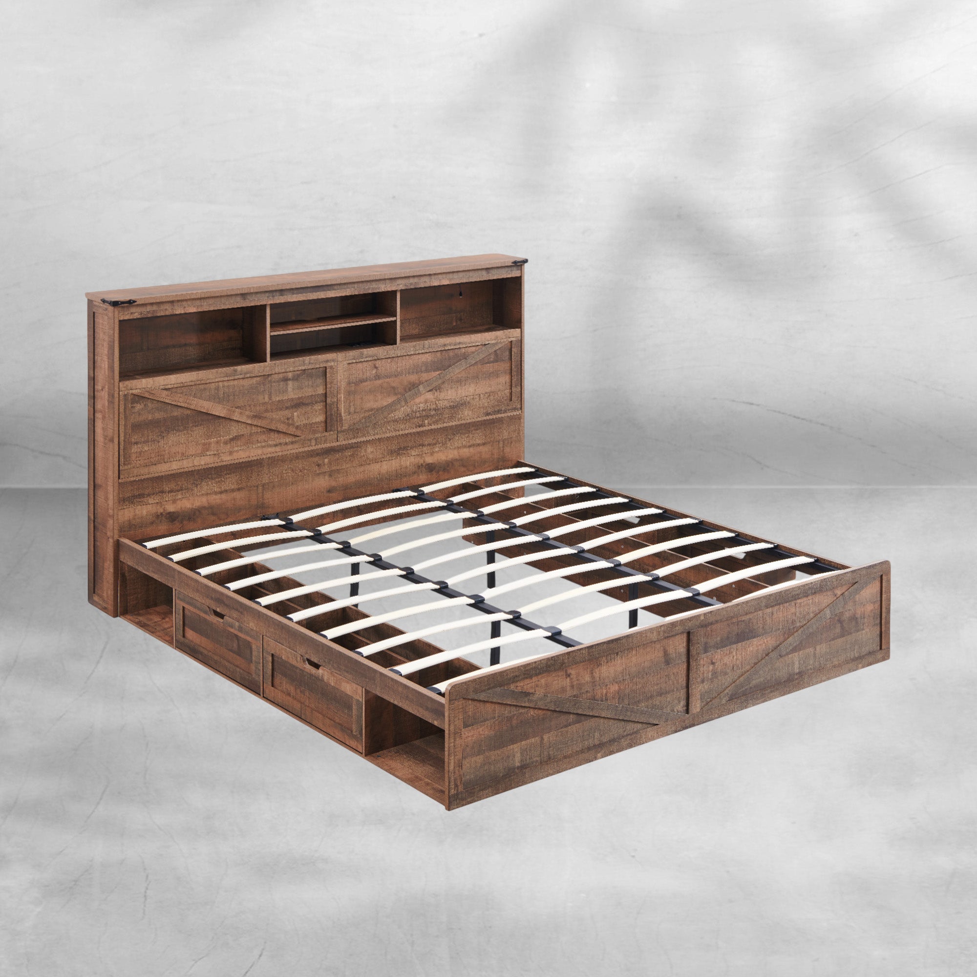 Farmhouse King Bed Frame with Storage Headboard, Drawers & LED