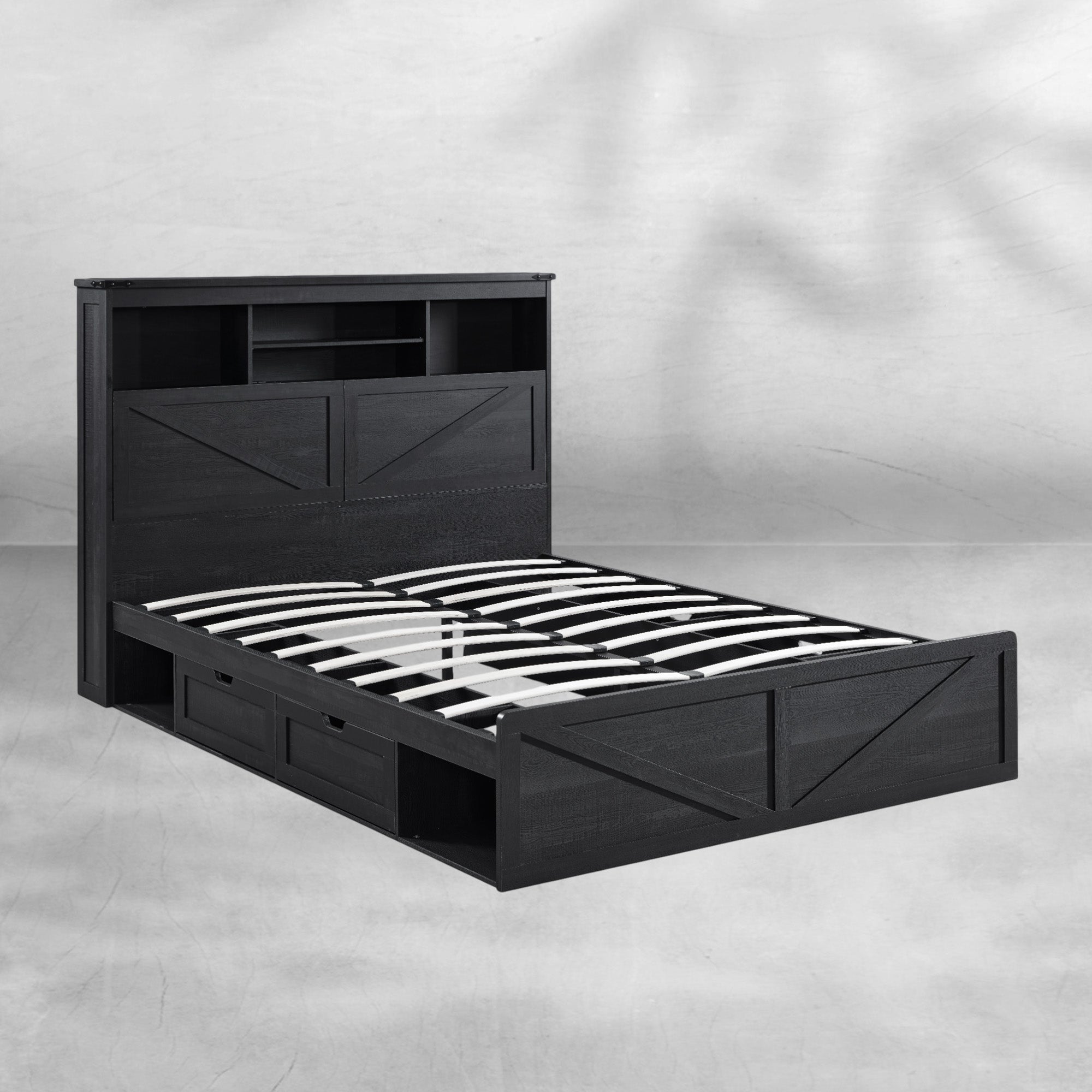Farmhouse Queen Bed Frame with Headboard, USB Ports and Drawers