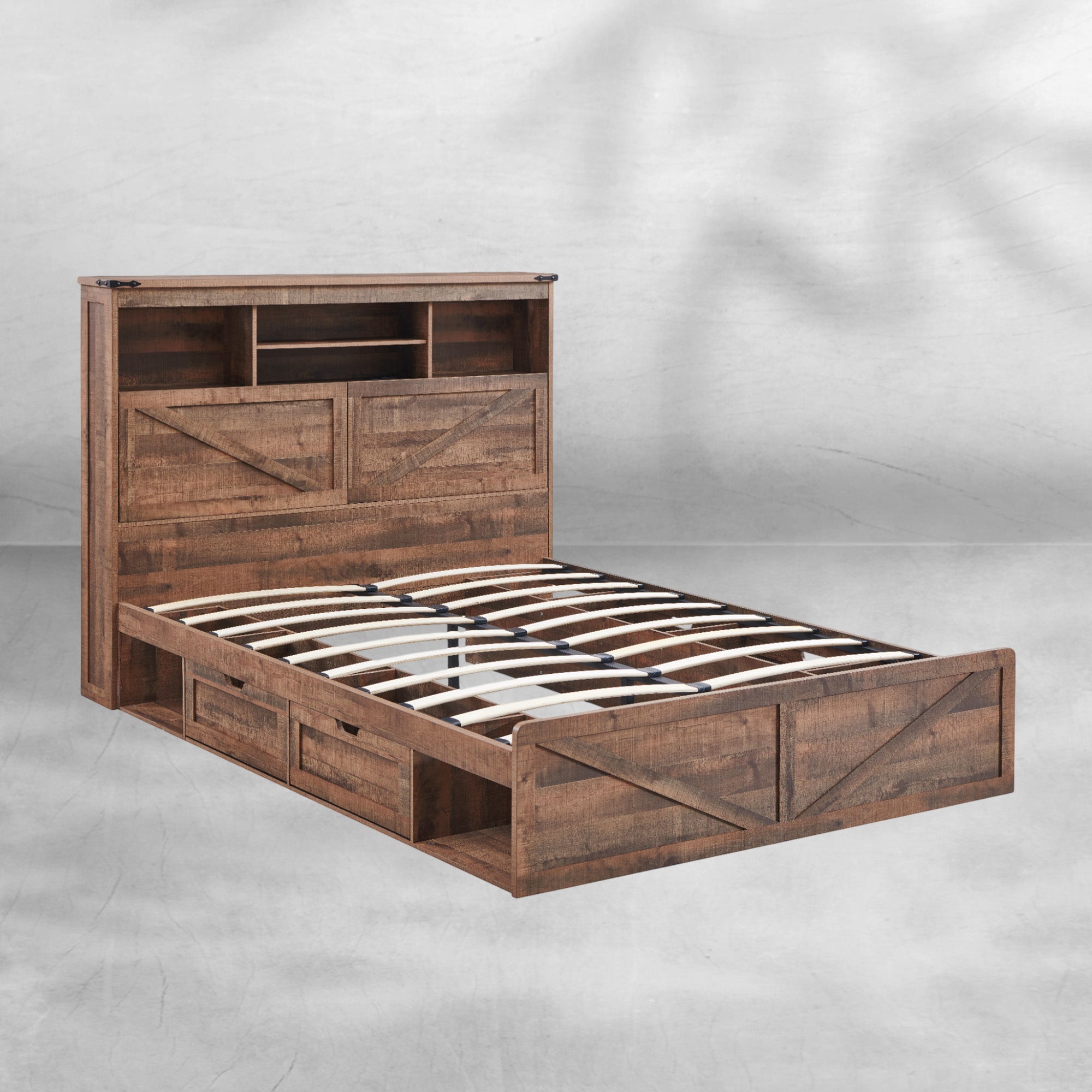Farmhouse Queen Bed Frame with Headboard, USB Ports and Drawers