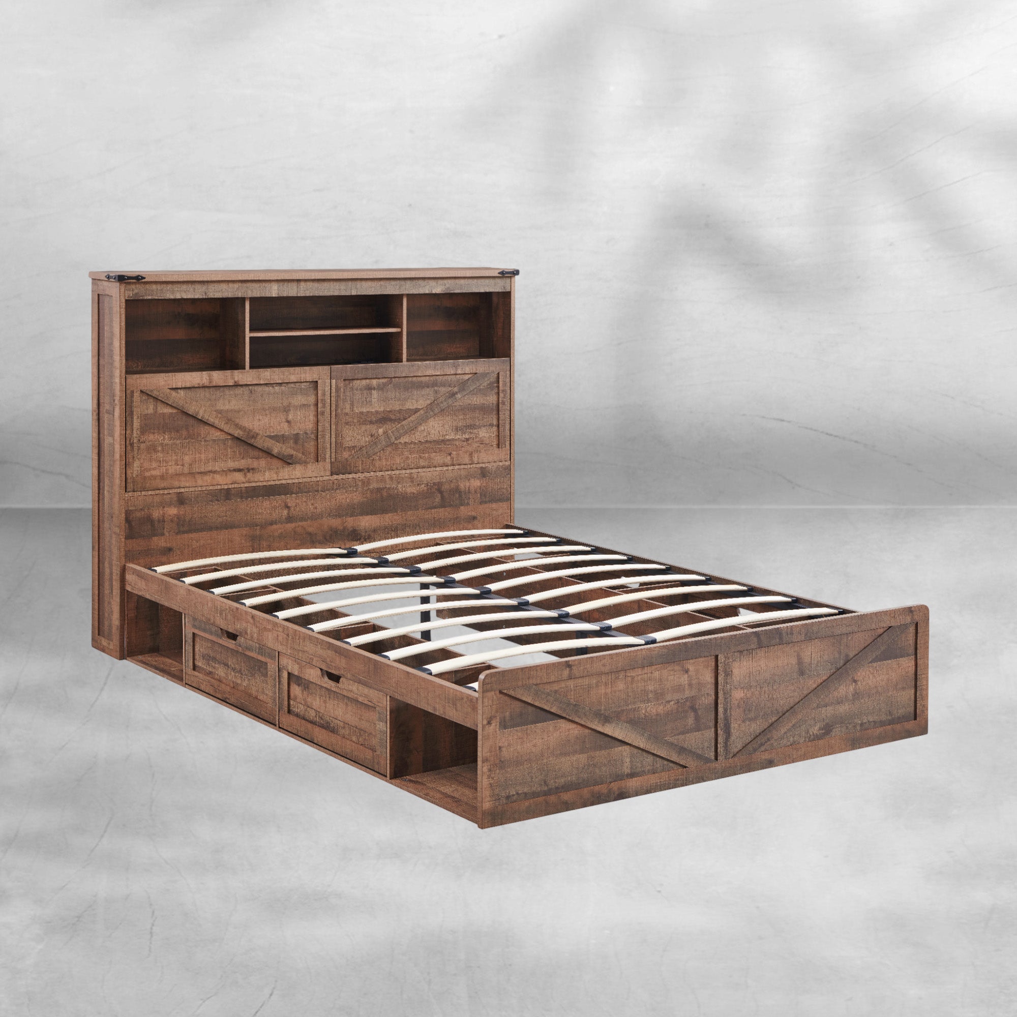 Full Size Farmhouse Wood Bed Frame with Storage Headboard & Drawers