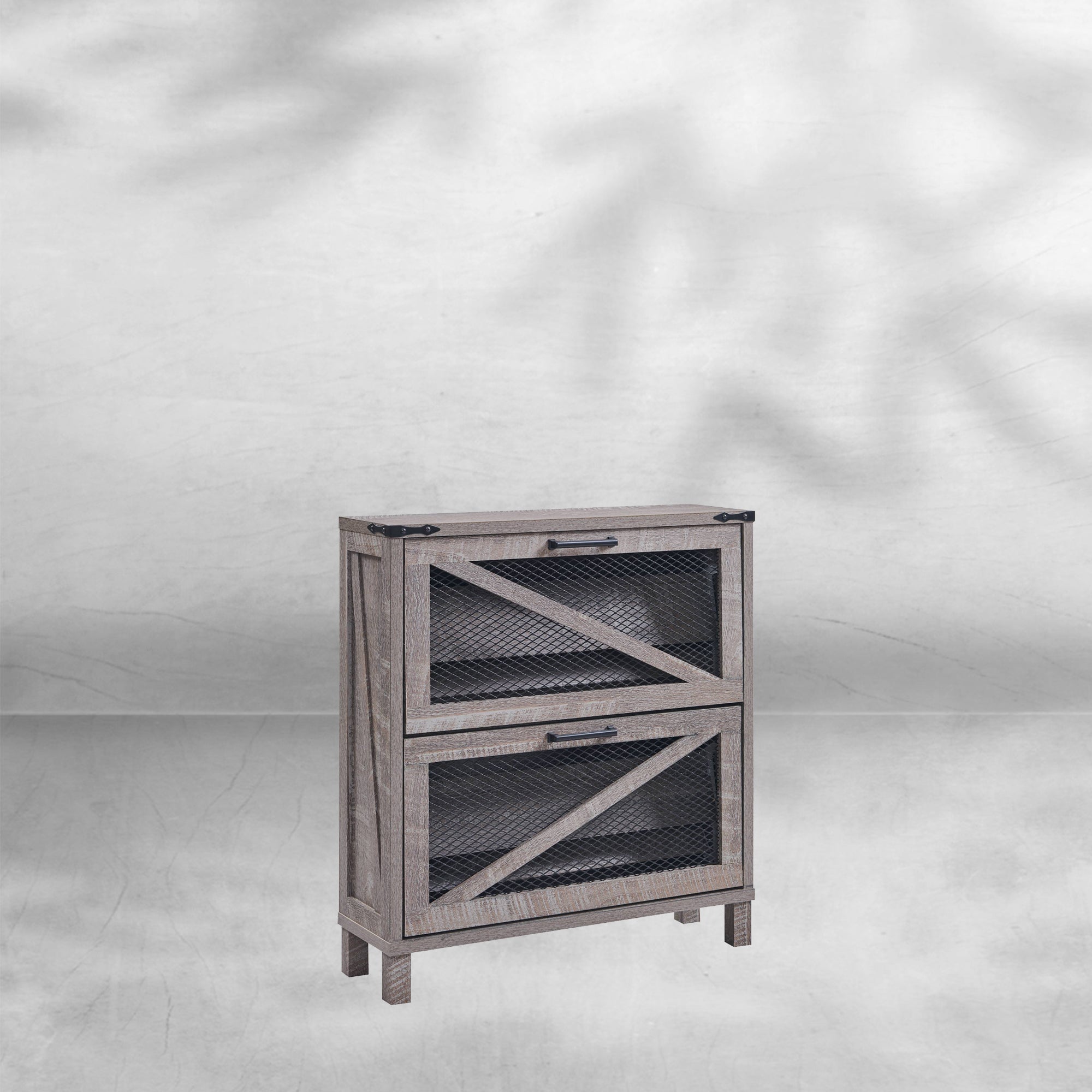 Farmhouse Shoe Cabinet with Flip Drawers and Mesh Doors