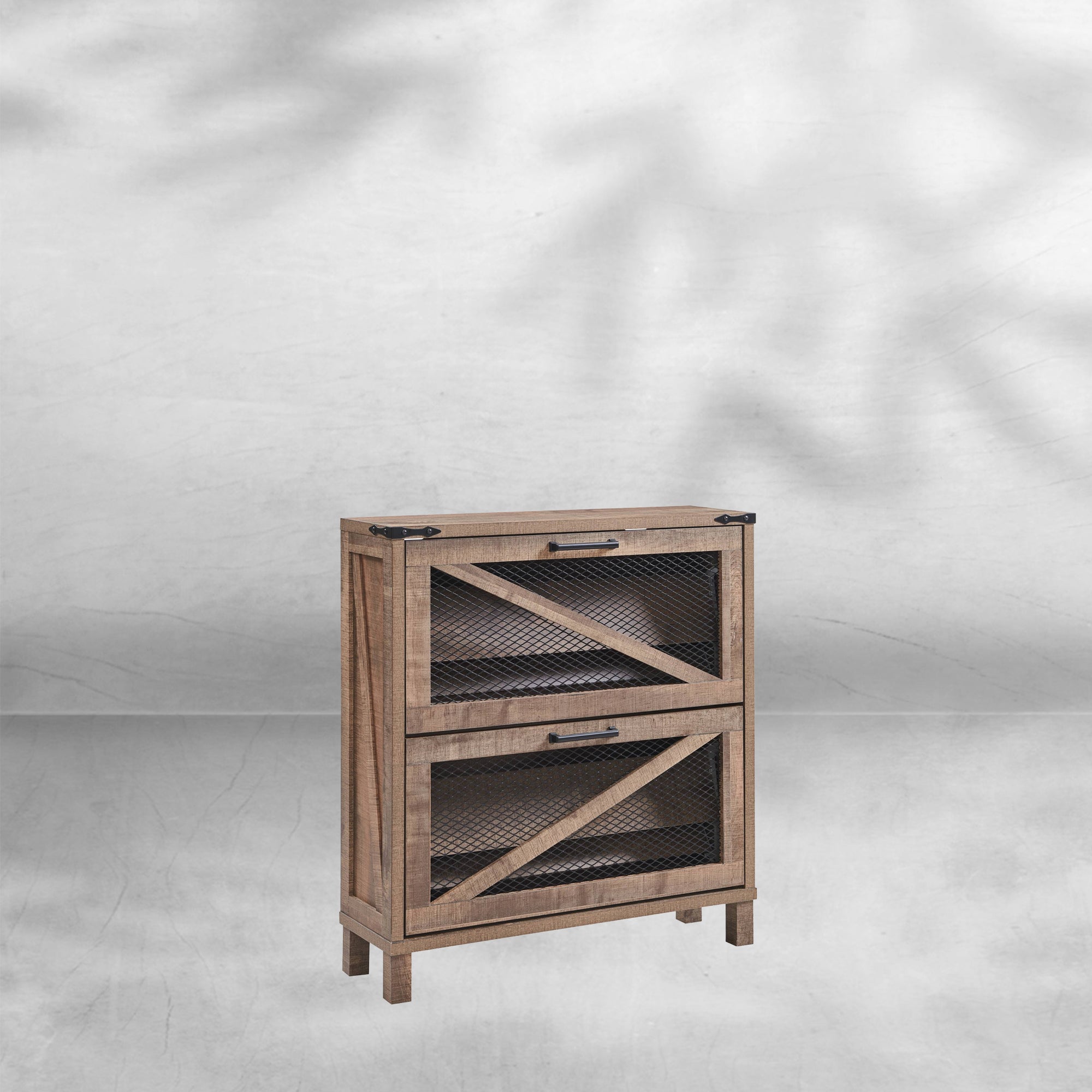 Farmhouse Shoe Cabinet with Flip Drawers and Mesh Doors