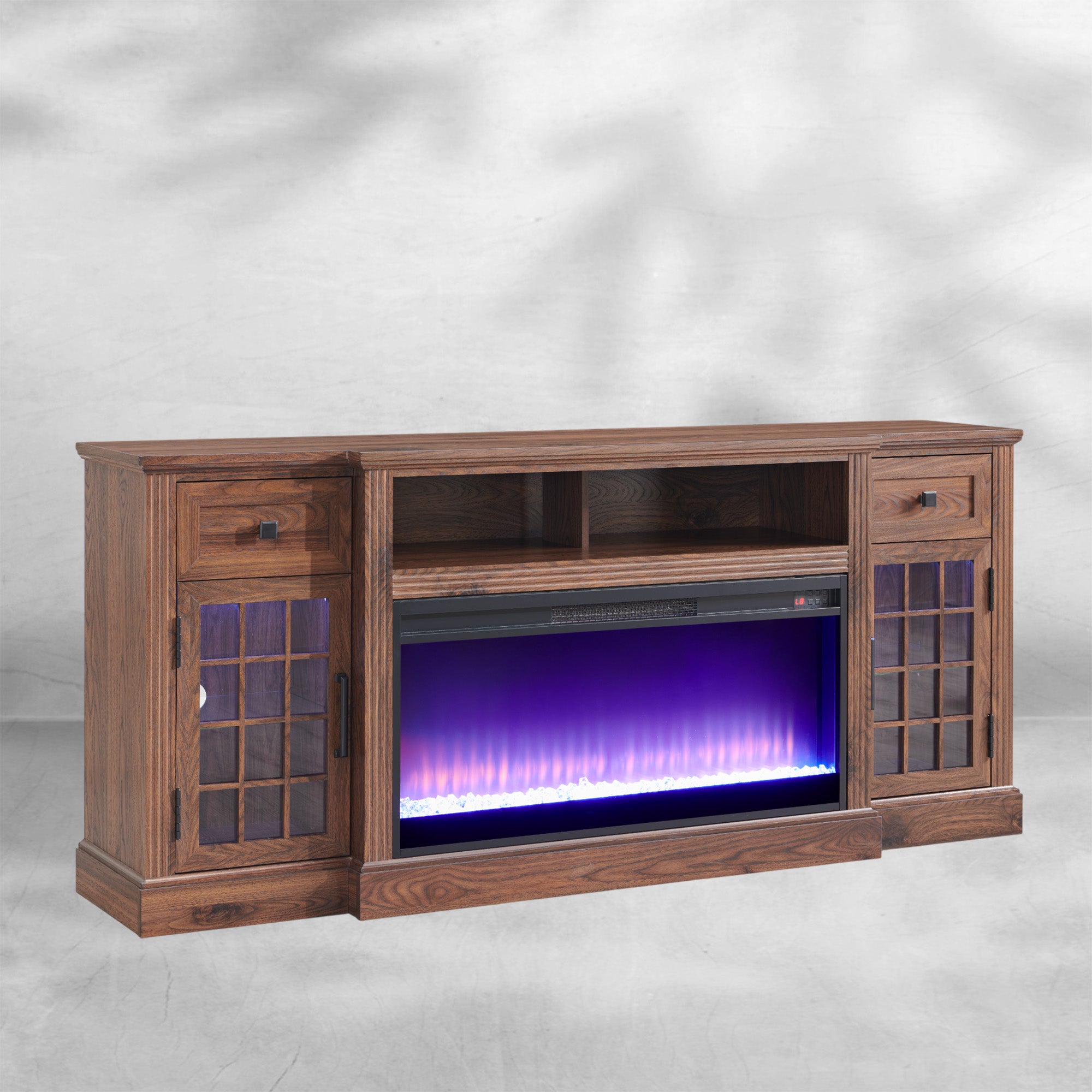 Farmhouse Highboy Entertainment Center with LED Lights and Electric Fireplace