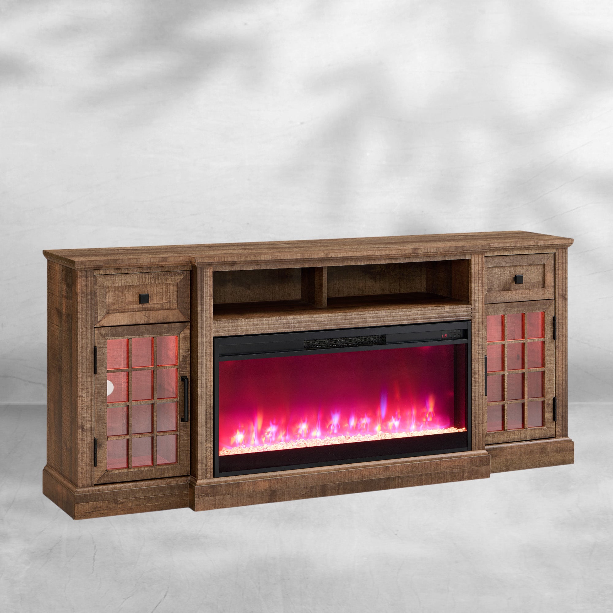 Farmhouse Highboy Entertainment Center with LED Lights and Electric Fireplace