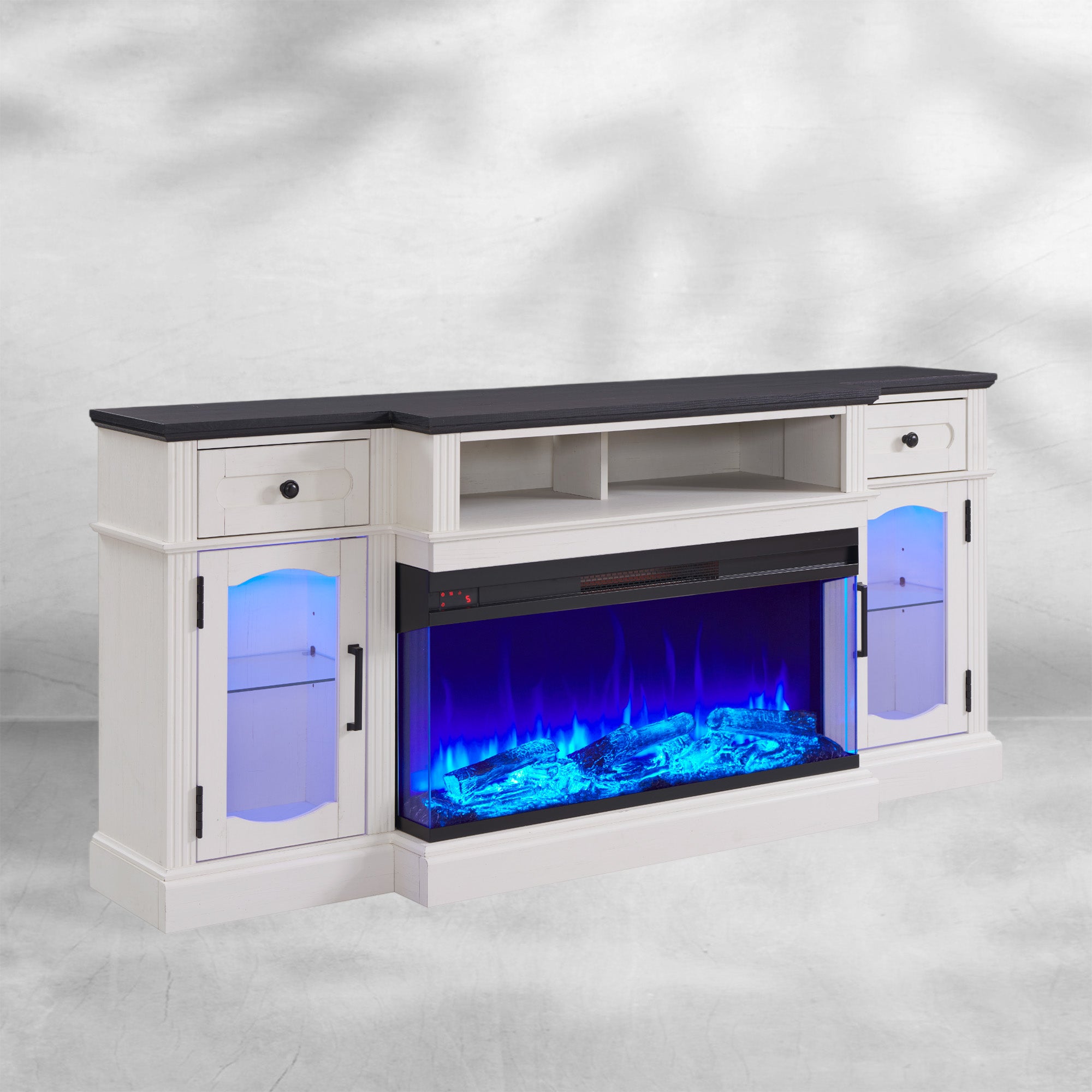 Farmhouse TV Stand with 36" Fireplace & LED - Antique White
