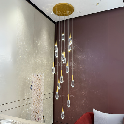 Modern Exquisite Floating Crystal Waterdrop Chandelier with Gold Leaf Gilding for High-ceiling