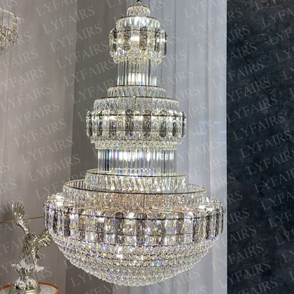 Golden Era Grand Cascade Fountain Smoky Gray&Clear Crystal Chandelier for High-ceiling