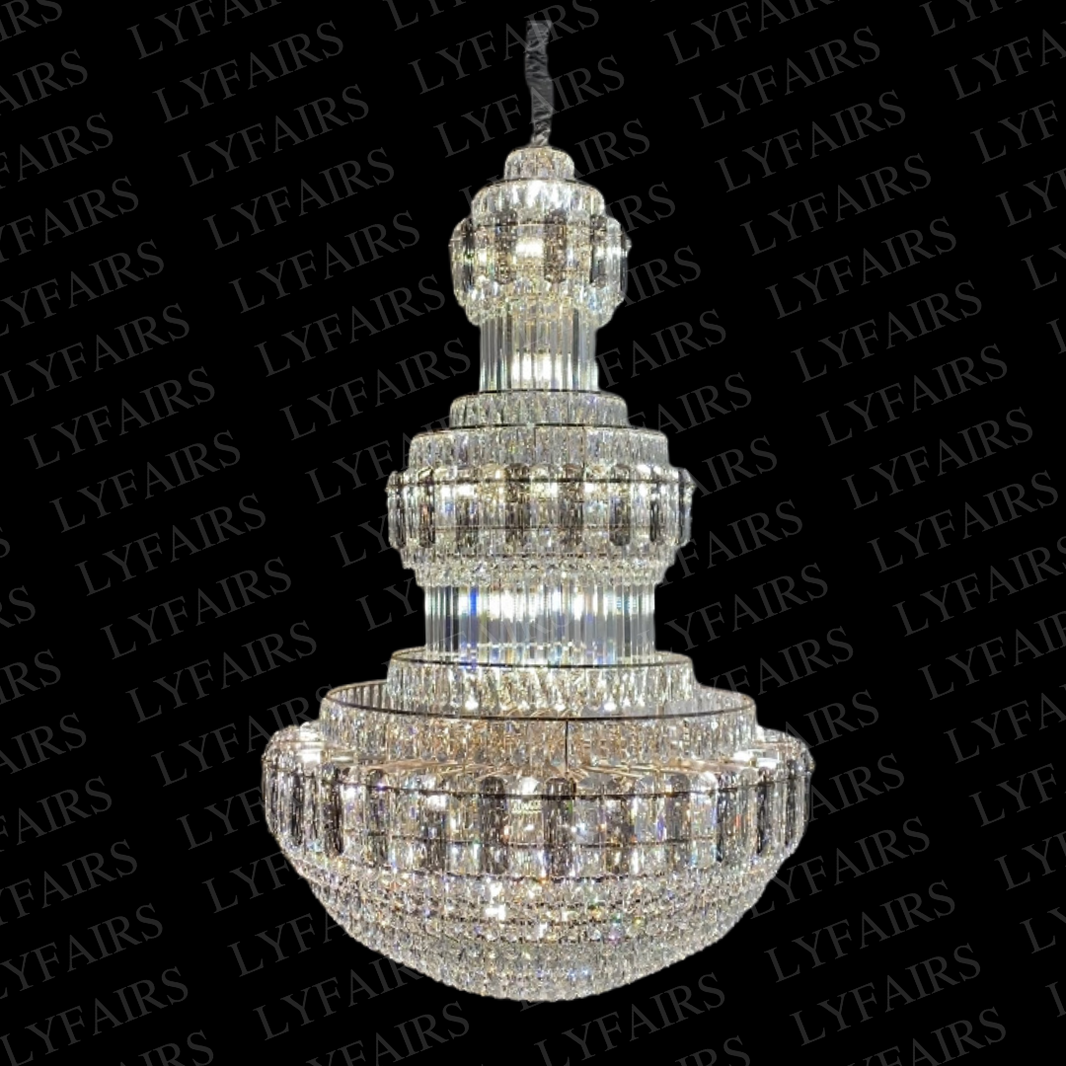Golden Era Grand Cascade Fountain Smoky Gray&Clear Crystal Chandelier for High-ceiling