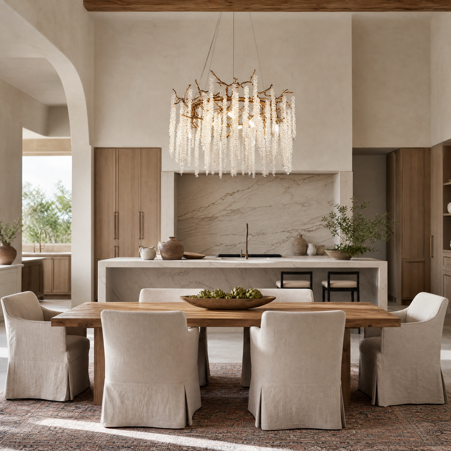 A circular antique gold branch chandelier with cascading crystal bead strands hangs from the ceiling in a lit room.