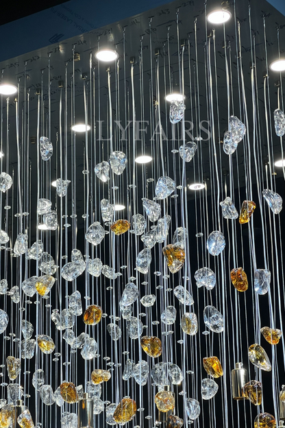 Modern Waterfall Glass Gem Stone&Teardrop Chandelier With Rectangle Canopy for Villa/Hotel/Entryway/Living Room