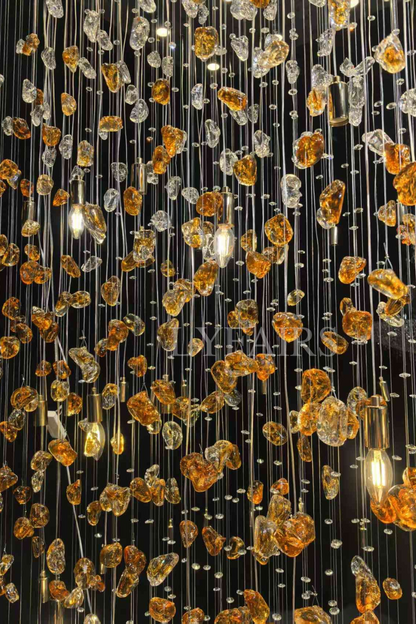 Modern Waterfall Glass Gem Stone&Teardrop Chandelier With Rectangle Canopy for Villa/Hotel/Entryway/Living Room