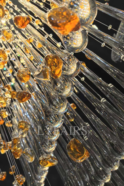 Modern Waterfall Glass Gem Stone&Teardrop Chandelier With Rectangle Canopy for Villa/Hotel/Entryway/Living Room
