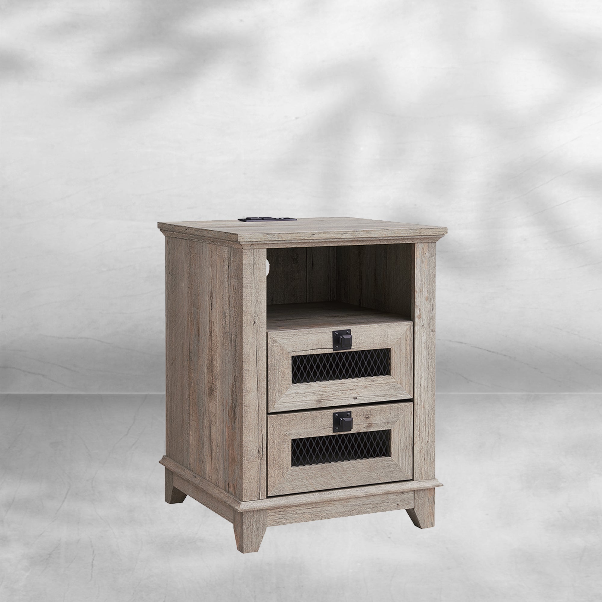 Industrial Nightstand with Charging Station, Rustic Farmhouse End Table