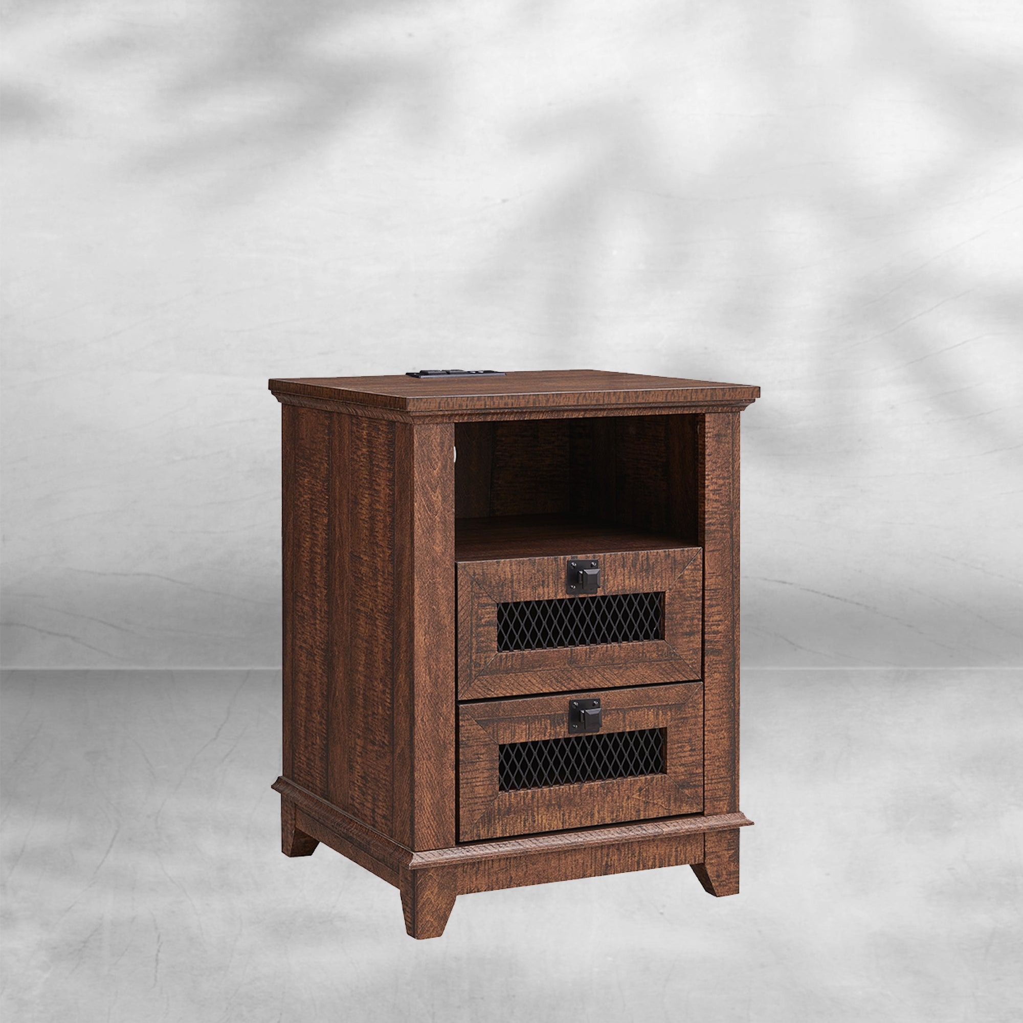 Industrial Nightstand with Charging Station, Rustic Farmhouse End Table