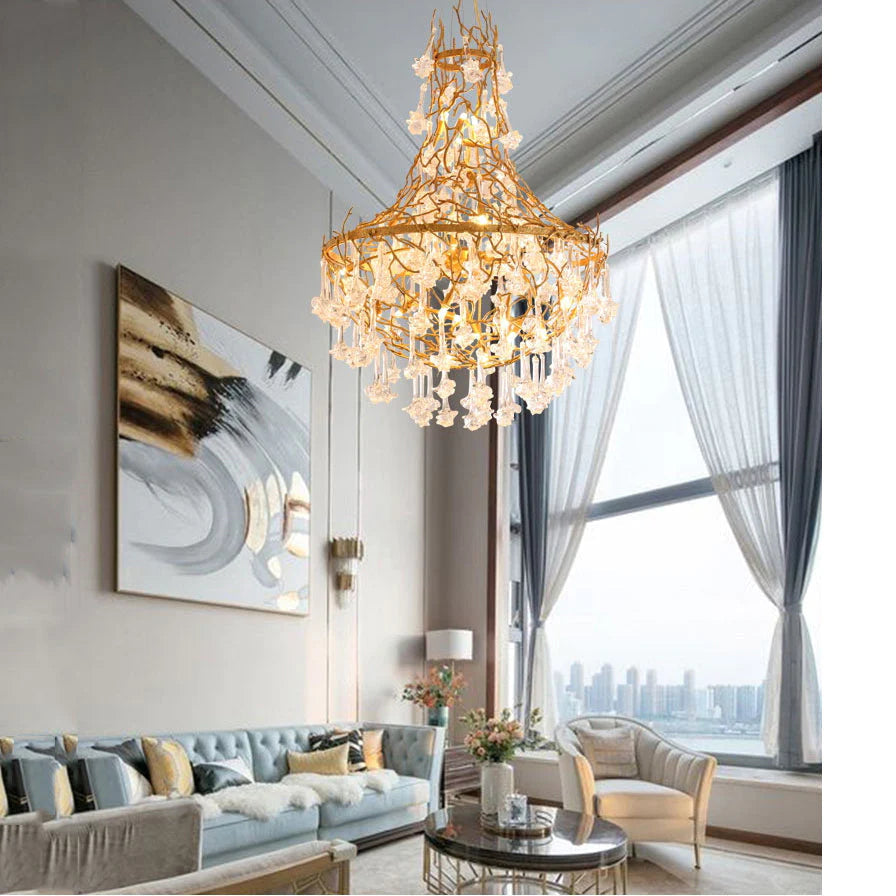 Modern Crystal Drop Brass Branch Chandelier