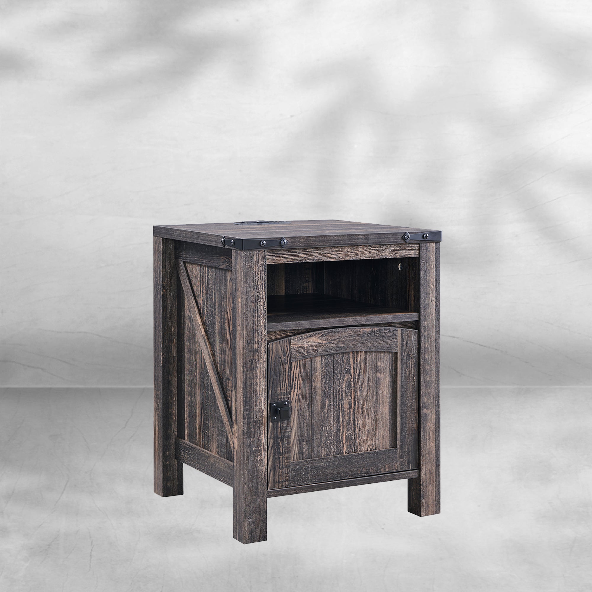 Farmhouse Nightstand with Charging Station Rustic End Table