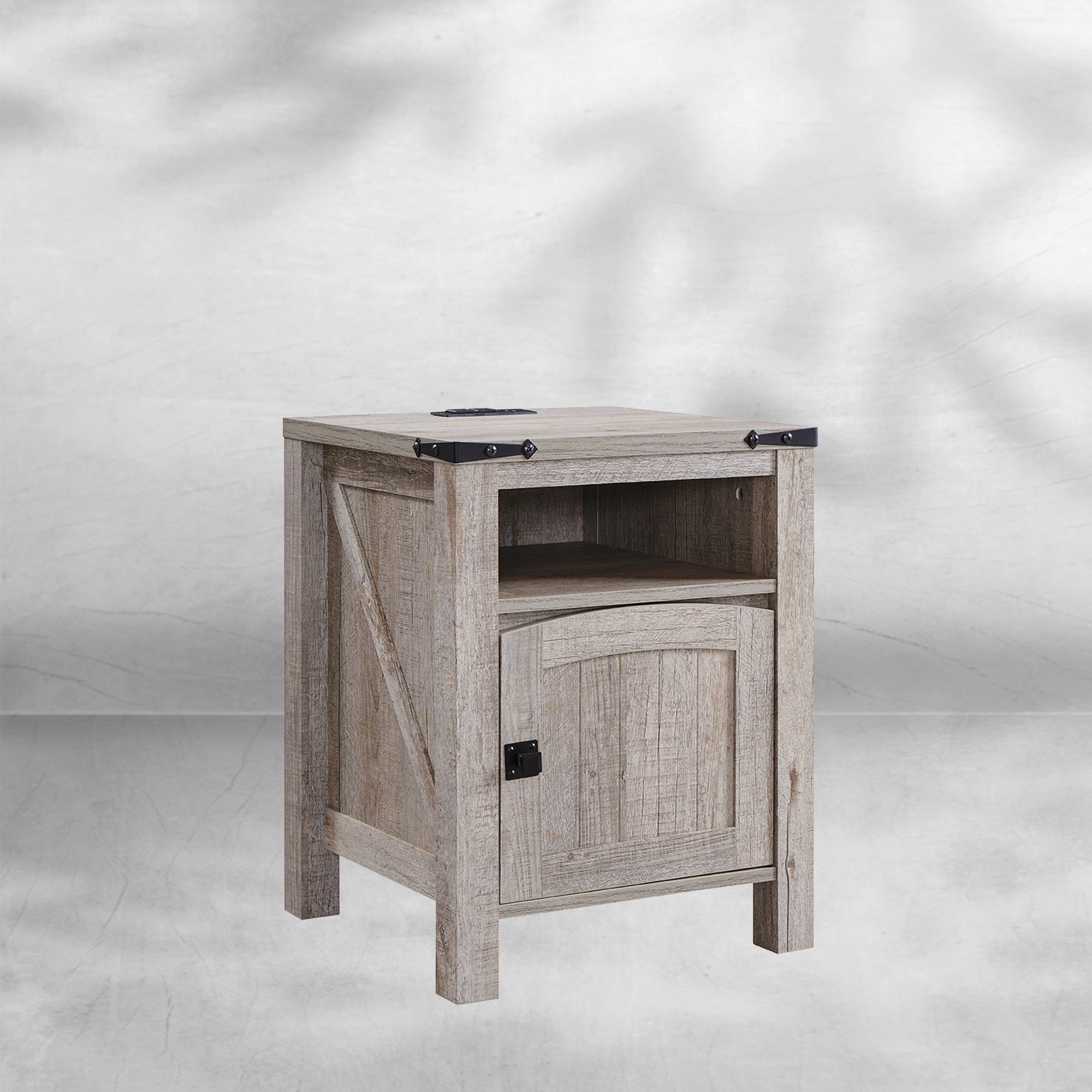 Farmhouse Nightstand with Charging Station Rustic End Table