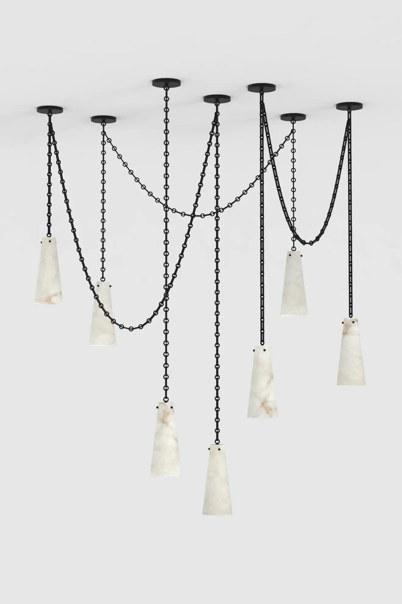 Contemporary Casey Chandelier in Alabaster, 7-Light Vintage Alabaster Pendant Cluster
