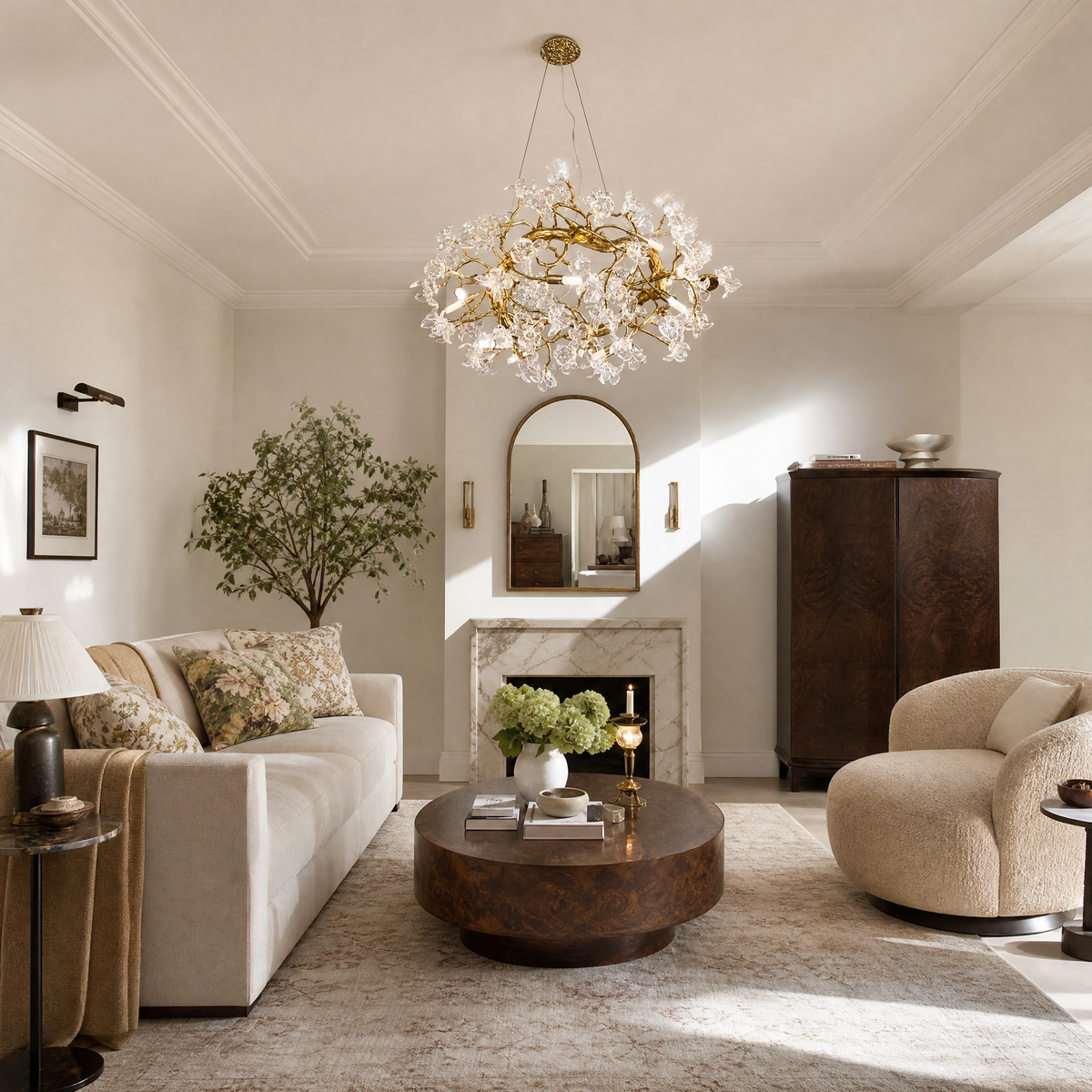 A modern organic chandelier features a warm antique brass branch frame decorated with twelve clear sculpted glass blossoms.