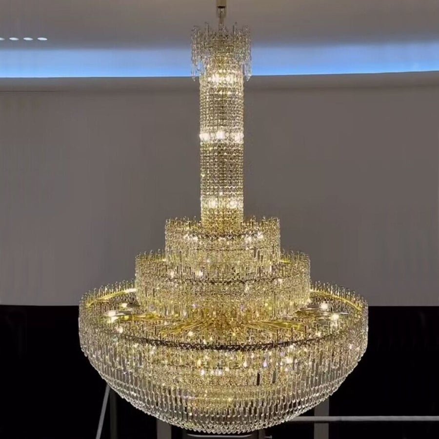 Luxury Oversized Gold European Crystal Chandelier 3-tiered Medium-length for Foyer/Staircase/Hallway/Entrway