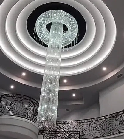 Extra Large Flush Mount Silver Waterfall Luxury Ceiling Crystal Chandelier for High-ceiling Living Room/Duplex Hall
