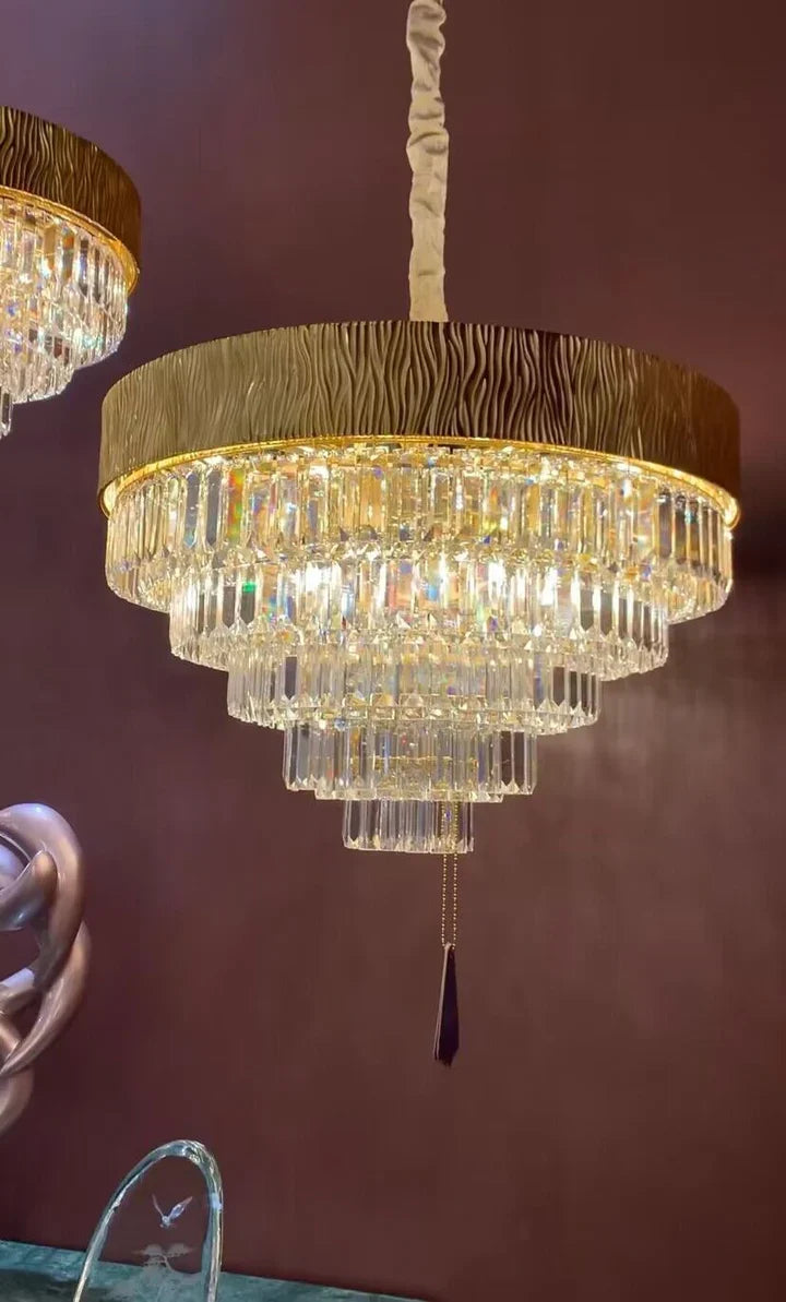 gold chandelier,oval round ,crystal, shining, tiered,delicate, living room, bedroom, dining room,light luxury ,golden, modern, new,set, ceiling