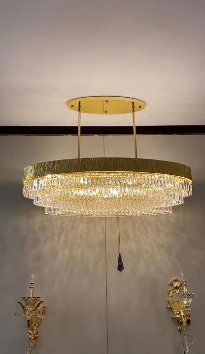 gold chandelier,oval round ,crystal, shining, tiered,delicate, living room, bedroom, dining room,light luxury ,golden, modern, new,set, ceiling