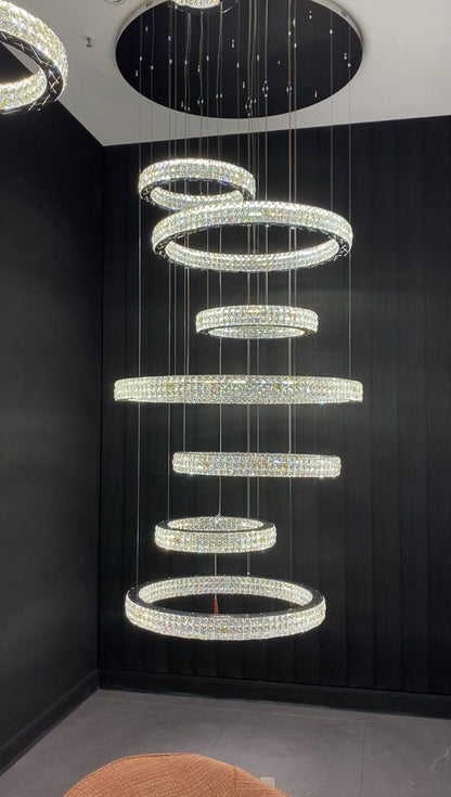 New Modern Light Luxury Oversized Multi-tiered Rings Crystal Chandelier for Staircase/Duplex/High-ceiling Space, long, luxury, noble, chrome, shining