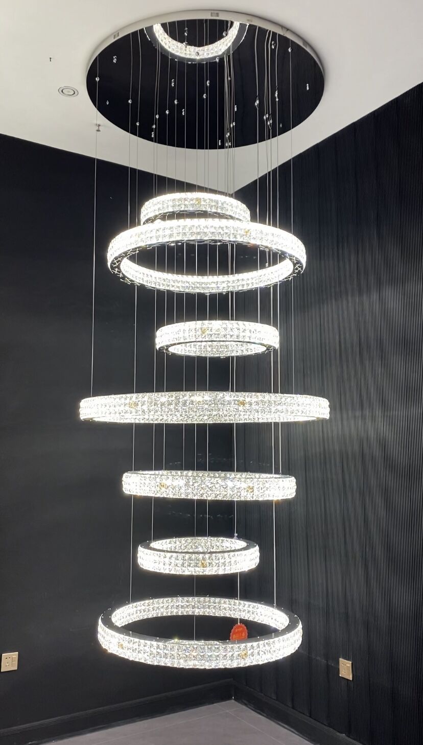 New Modern Light Luxury Oversized Multi-tiered Rings Crystal Chandelier for Staircase/Duplex/High-ceiling Space, long, luxury, noble, chrome, shining