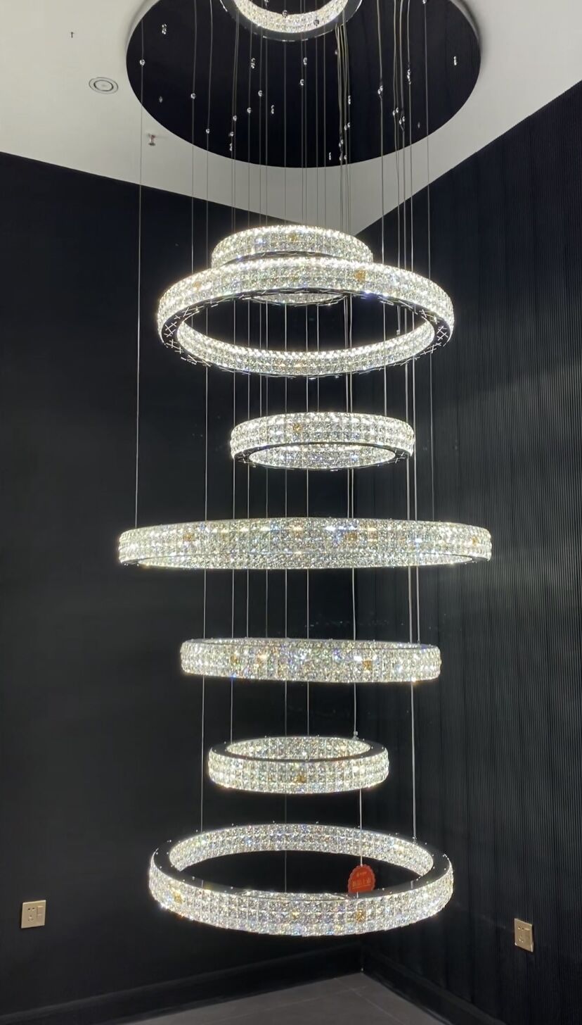 New Modern Light Luxury Oversized Multi-tiered Rings Crystal Chandelier for Staircase/Duplex/High-ceiling Space, long, luxury, noble, chrome, shining