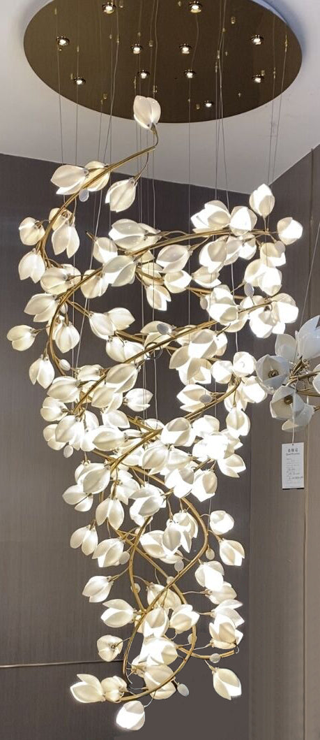 Creative Spiral Pure White Magnolia Chandelier with Golden Branches for Staircase/High-ceiling Space/Foyer/ Duplex