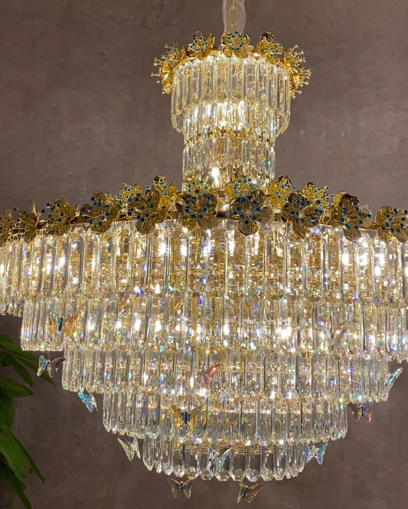 Modern Light Luxury Multi-tiered Round Ctystal Chandelier for Living Room/Staircase/Foyer， gold finish, butterfly ,flower