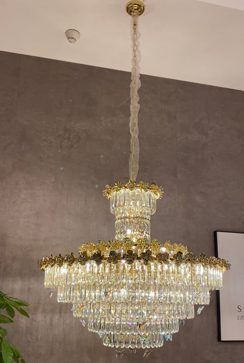 Modern Light Luxury Multi-tiered Round Ctystal Chandelier for Living Room/Staircase/Foyer， gold finish, butterfly ,flower