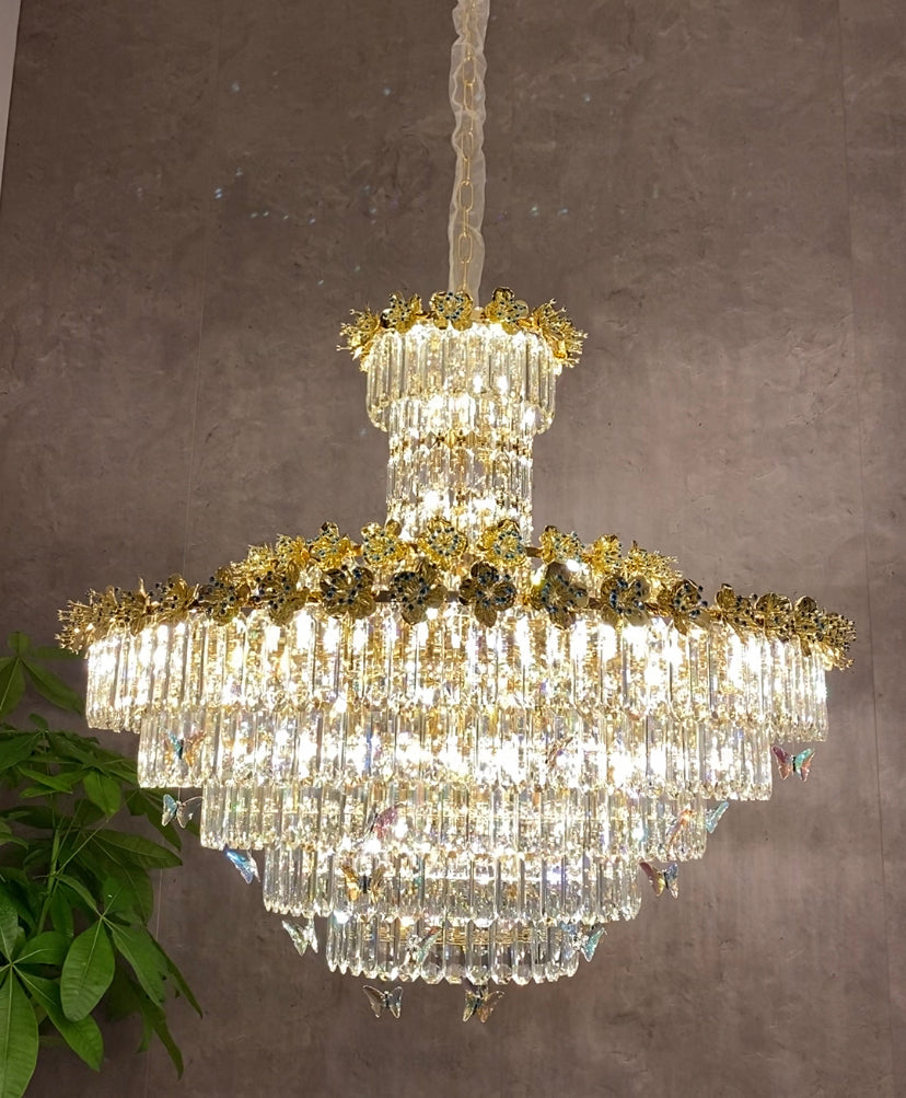 Modern Light Luxury Multi-tiered Round Ctystal Chandelier for Living Room/Staircase/Foyer， gold finish, butterfly ,flower
