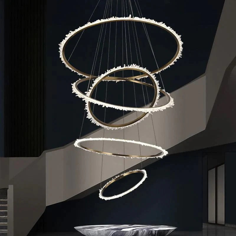 Rock Crystal Multi Rings Long Chandelier For Staircase