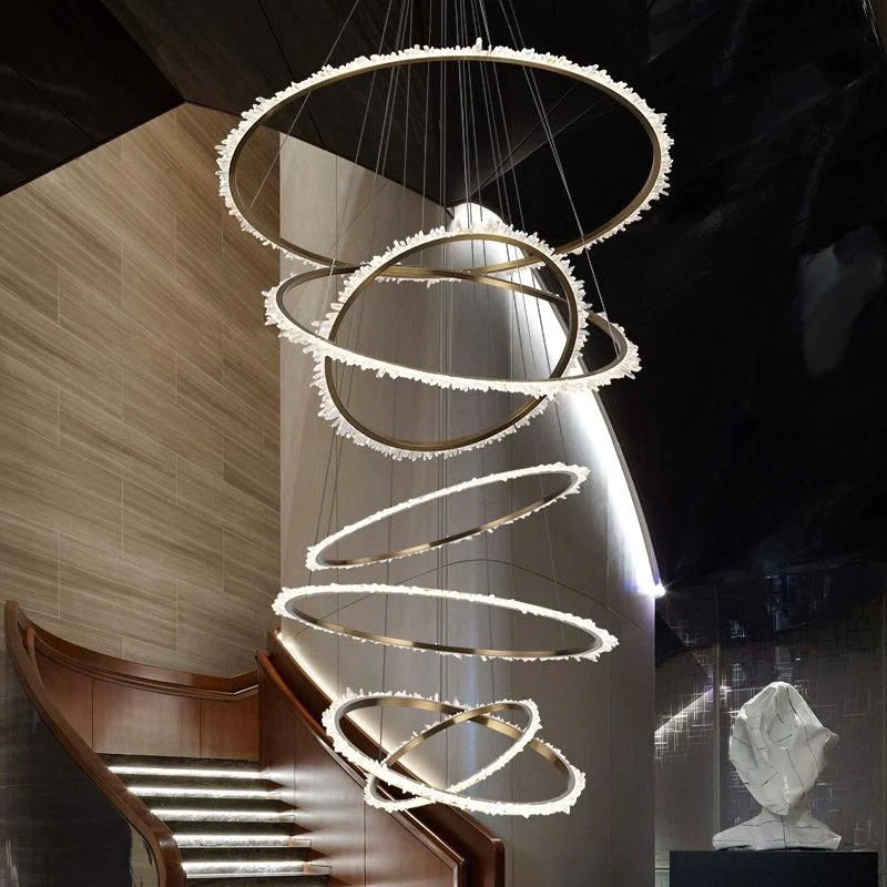 Rock Crystal Multi Rings Long Chandelier For Staircase