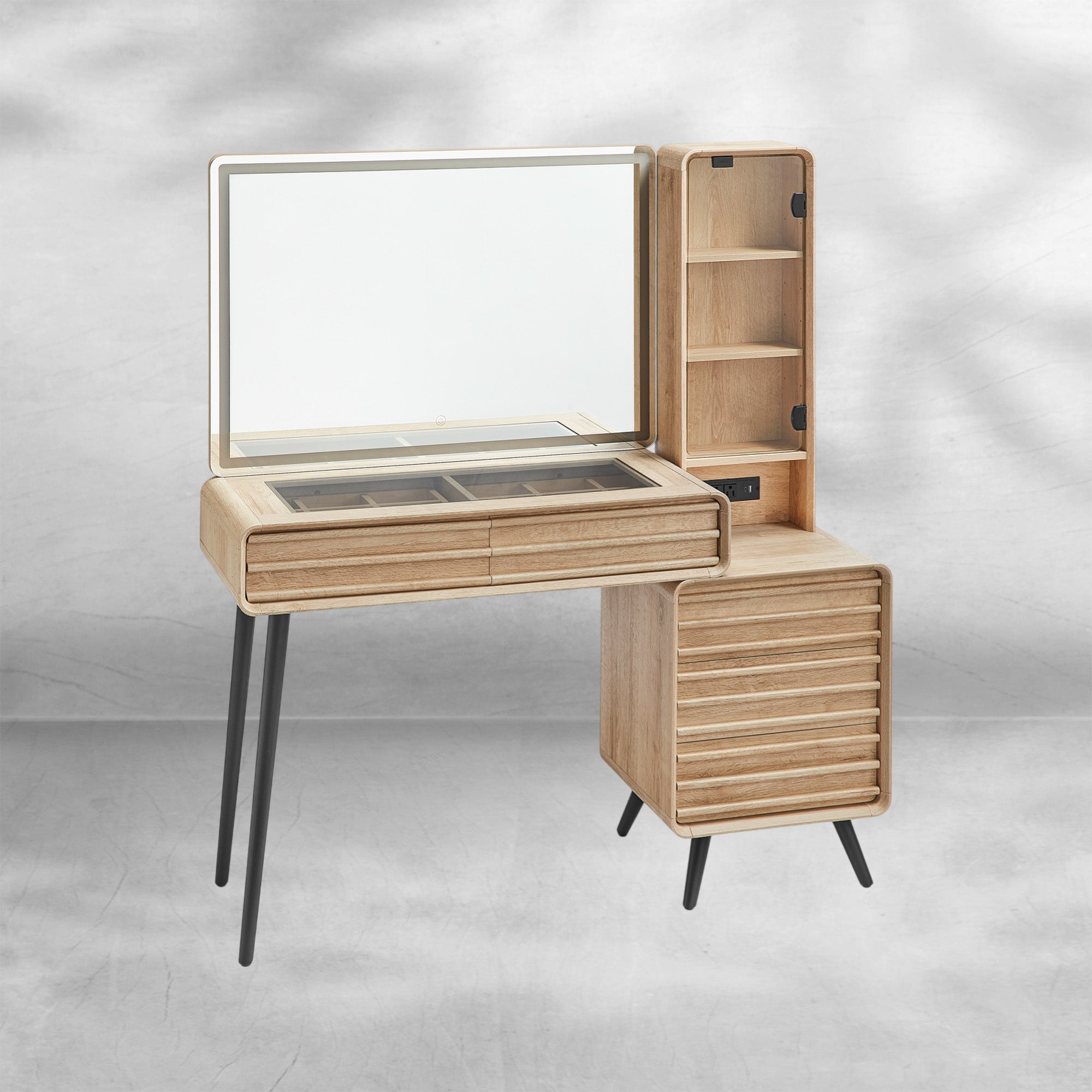 Fluted Makeup Vanity Desk with Lighted Mirror and Charging Station