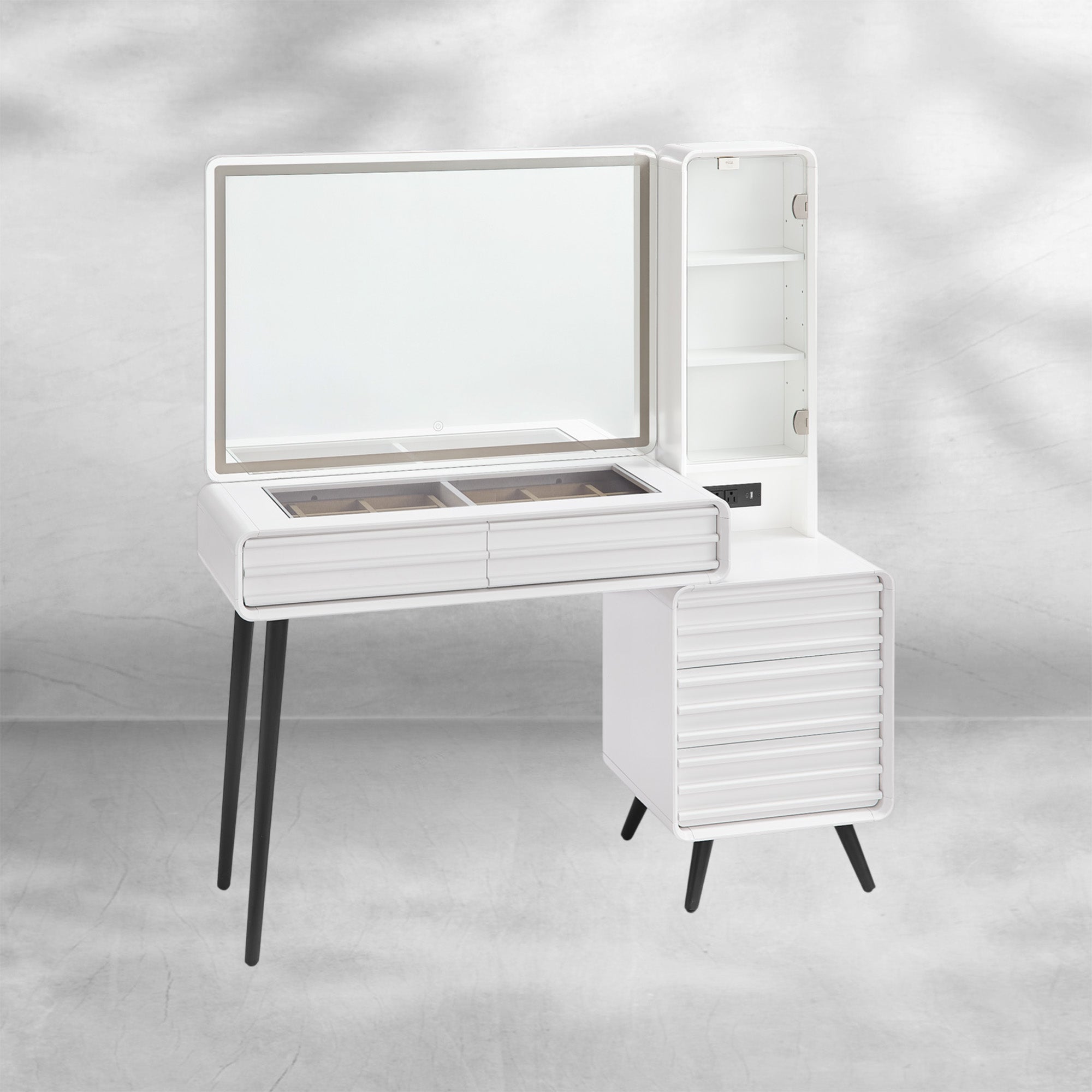 Fluted Makeup Vanity Desk with Lighted Mirror and Charging Station